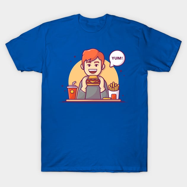 Men Eating Burger With French Fries And Soft Drink Cartoon T-Shirt by Catalyst Labs